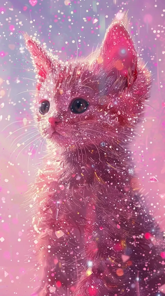 A pink kitten with sparkling fur sits in a shower of pink confetti. The kitten's eyes are wide and curious, and its fur shimmers with a rainbow of colors. The background is a soft pink, with a gentle blur that adds to the magical atmosphere.