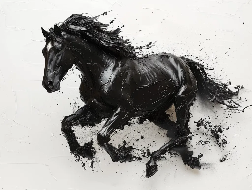 The image depicts a black horse in mid-stride, rendered in a bold, abstract style using thick, textured black paint. The horse appears to be galloping, its mane and tail flowing behind it. The background is a simple white, creating a strong contrast and emphasizing the horse's movement. The piece evokes a sense of power, freedom, and the untamed nature of the animal.  The artist's use of paint creates a dynamic and visually striking composition.