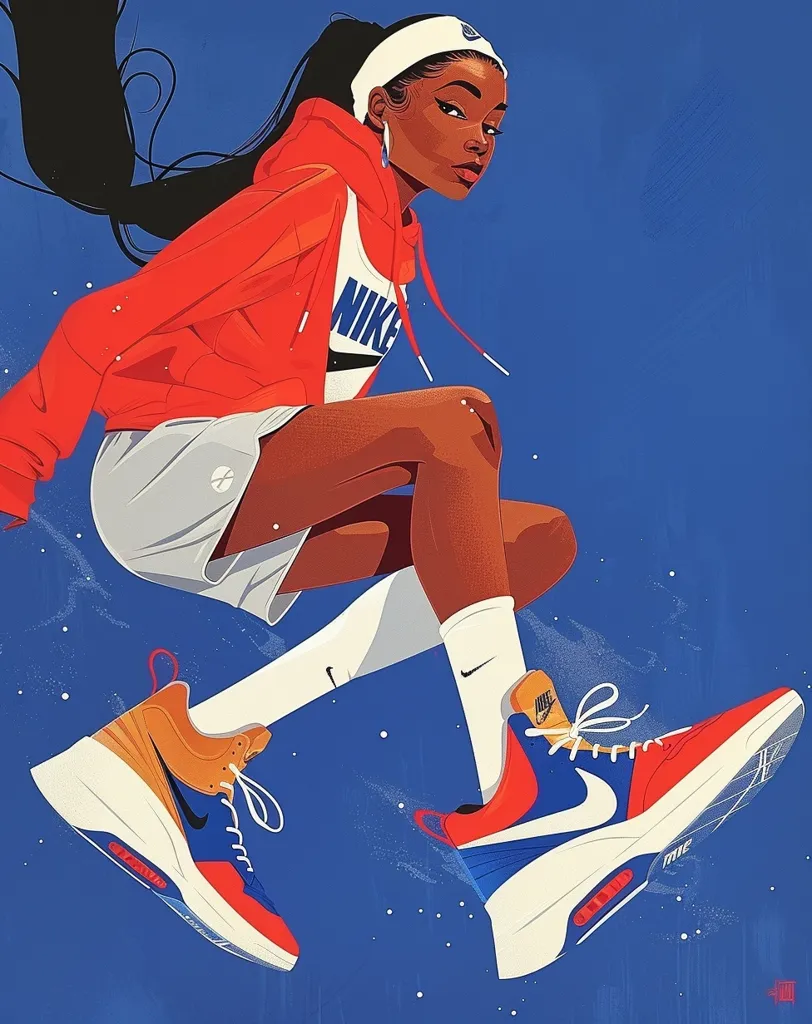 A woman with long black hair is wearing a red Nike hoodie, white shorts, and white socks with a white headband. She is wearing colorful Nike sneakers, one orange and blue and the other red and blue. Her expression is serious, and she is leaping through the air. The background is a bright blue with white dots.