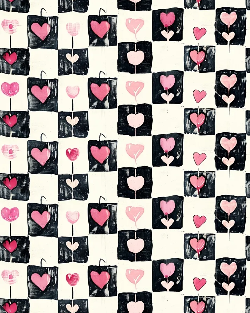 The image is a repetitive pattern of pink hearts on a checkered background of black and white squares. Some of the hearts have stems attached, while others are floating. The hearts are all hand-drawn and have a slightly uneven, imperfect look. The overall effect is whimsical and playful.