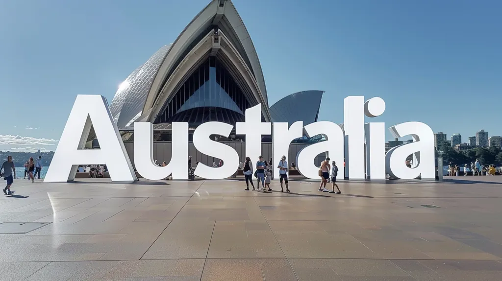 A large white "Australia" sign stands in front of the Sydney Opera House. Several people are walking in front of the sign, enjoying the sunny day and iconic landmark. The sign is made of large, 3D letters, creating a playful and photogenic backdrop for visitors.  The clear blue sky adds to the vibrant scene.