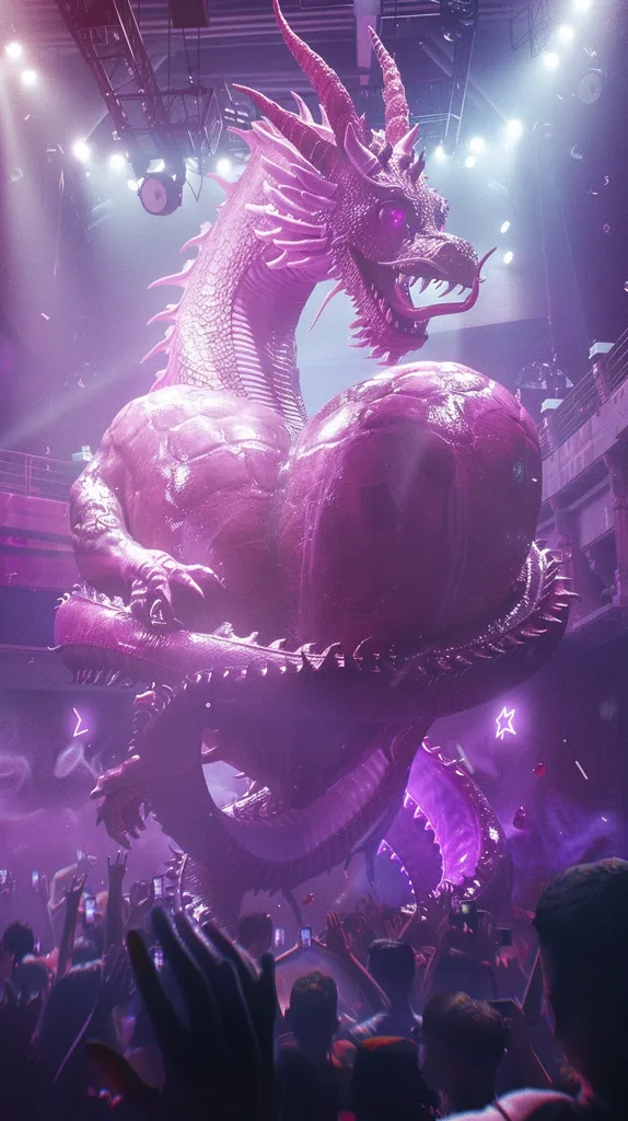 A large, pink, dragon-like creature with glowing purple eyes, rests its head in a curled position. The creature is illuminated in a purple hue, creating a mystical and otherworldly atmosphere. A crowd of people, their faces mostly obscured, stand at the base of the creature, captivated by its presence. The scene suggests a fantastical event, potentially a concert or performance, where the dragon is the central attraction.
