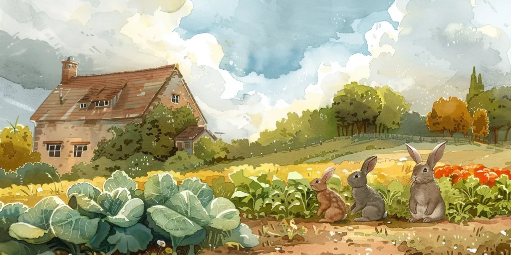 A quaint stone cottage with a red roof sits nestled in a rolling green hillside. The sky is bright and sunny, with fluffy white clouds. Three brown rabbits with long ears stand in a field of green vegetables and yellow flowers, gazing towards a distant forest. The scene is charming and peaceful, painted in a whimsical watercolor style.