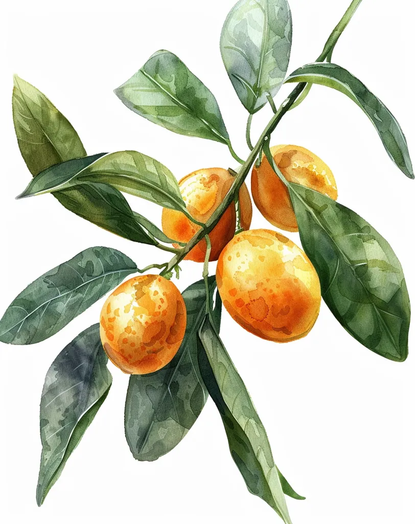 A watercolor painting depicts a branch of a citrus tree with four ripe kumquats. The fruit is a vibrant orange, and the leaves are a deep green. The painting is done in a realistic style, with delicate brushstrokes that capture the texture of the fruit and leaves.  The background is a simple white, which allows the fruit to take center stage.