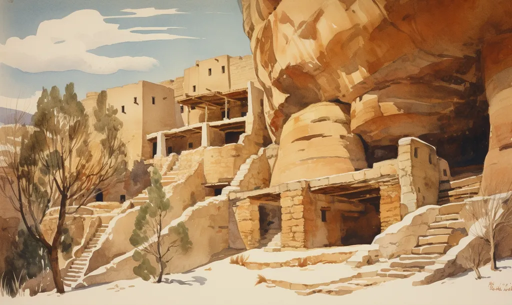 A watercolor painting depicts a cliff dwelling nestled into a rocky overhang. The building features several levels connected by stone stairs and has a covered porch. The cliff face is a warm brown color, while the building and stairs are a pale yellow. Lush trees grow in the foreground, adding a splash of green to the scene. The painting captures the beauty of ancient architecture built into the natural environment.