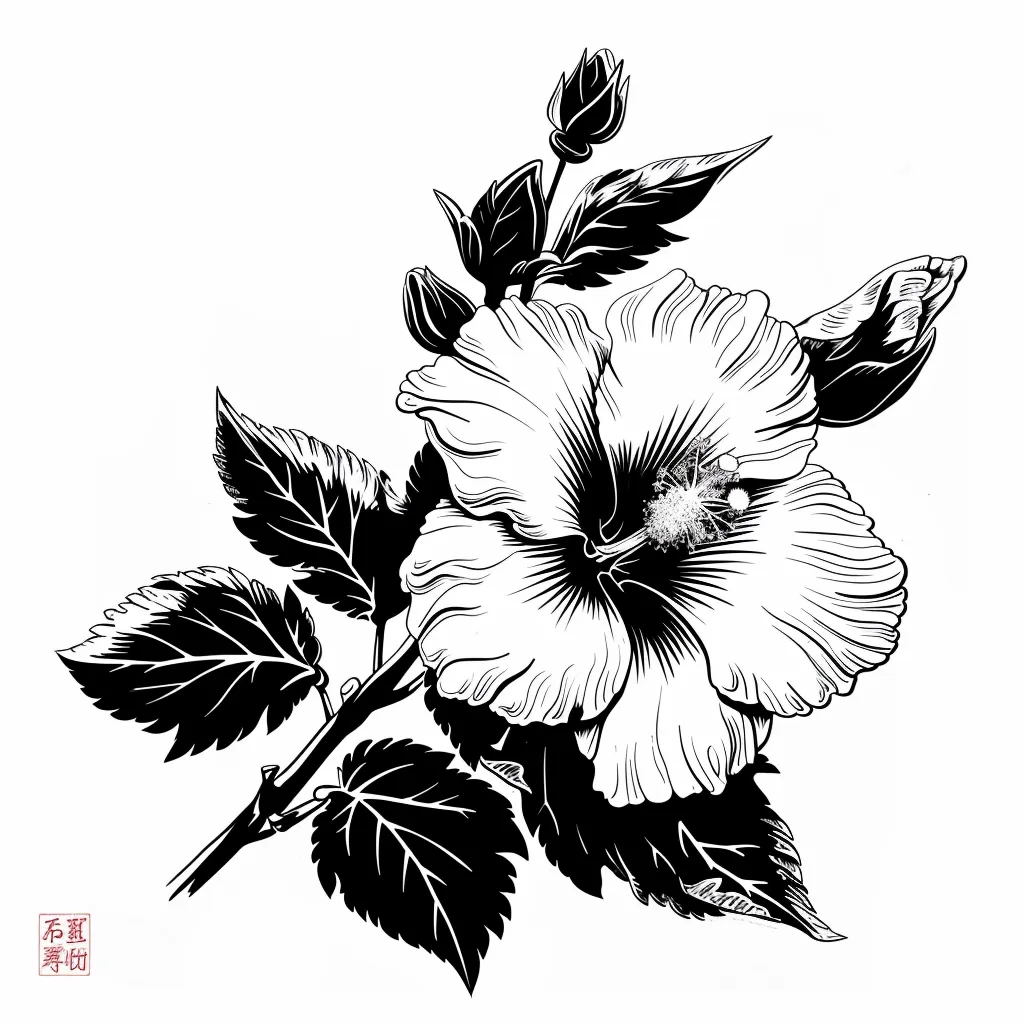 The image is a black and white illustration of a hibiscus flower. The flower is large and prominent, with delicate petals and a prominent center. The leaves and stem are detailed and intricate. The style of the illustration is realistic and elegant. The overall effect is beautiful and serene.
