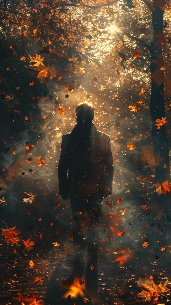 A solitary figure walks through a forest in the midst of a golden autumnal scene. The figure is silhouetted against the backdrop of swirling leaves and a sun-drenched sky. The leaves fall gracefully around the person, creating a sense of tranquility and wonder. The image evokes a feeling of peace and the beauty of nature's transformation.