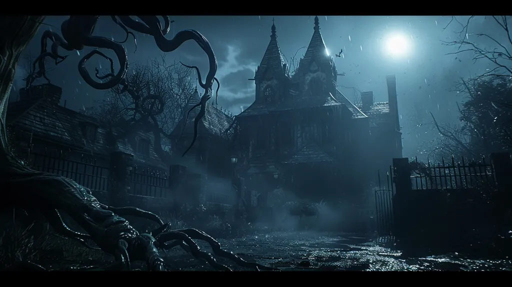 The image is a dark and eerie scene. A large, gothic-style house with two tall, pointed towers stands in the foreground.  The house is shrouded in mist, and the sky is dark with rain and a single, bright moon. A gnarled tree branch sprawls across the front of the image, adding to the unsettling atmosphere. The overall impression is one of mystery and danger.