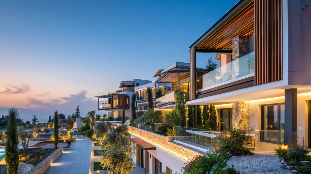 A modern, luxurious complex of villas with clean lines and large windows, perched on a hillside overlooking a valley. The buildings feature stone and wood accents, creating a warm and inviting atmosphere. Lush greenery surrounds the complex, adding to the tranquility of the setting. The sky is a soft blue, with a hint of pink from the setting sun. The image evokes a sense of peace and luxury.