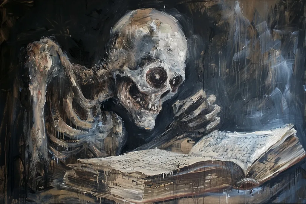 The painting depicts a skeletal figure, with a visible skull, hunched over a large, open book. The figure appears to be studying the book intently, with its bony hand resting on the pages. The background is a dark and shadowy, adding a sense of mystery and intrigue to the scene. The painting's overall mood is one of contemplation and perhaps even a touch of melancholy.