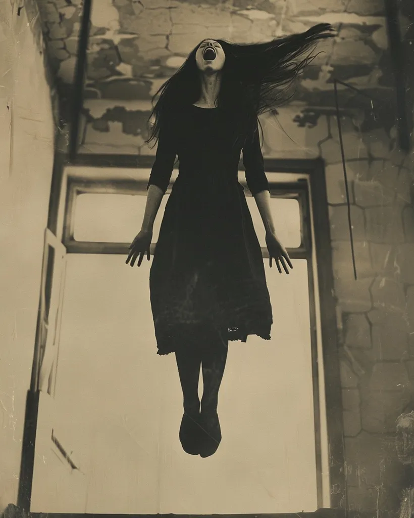 A woman in a black dress with long, dark hair screams with her mouth open wide. She is suspended in the air in a dilapidated building with a cracked ceiling. The image is shot in black and white, giving it an eerie and unsettling feel. The woman appears to be floating, creating a sense of unease and mystery. The image evokes a sense of dread and the unknown.
