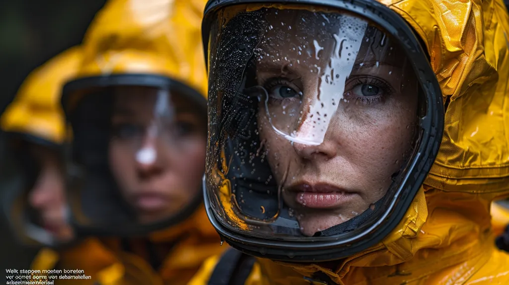 A woman wearing a yellow hazmat suit and a black helmet with a clear visor looks intensely at the camera. Her face is visible through the visor, which is covered in droplets of water. The image is close-up and focused on her face. A second person wearing a similar suit is blurred in the background. The image has a sense of urgency and danger.
