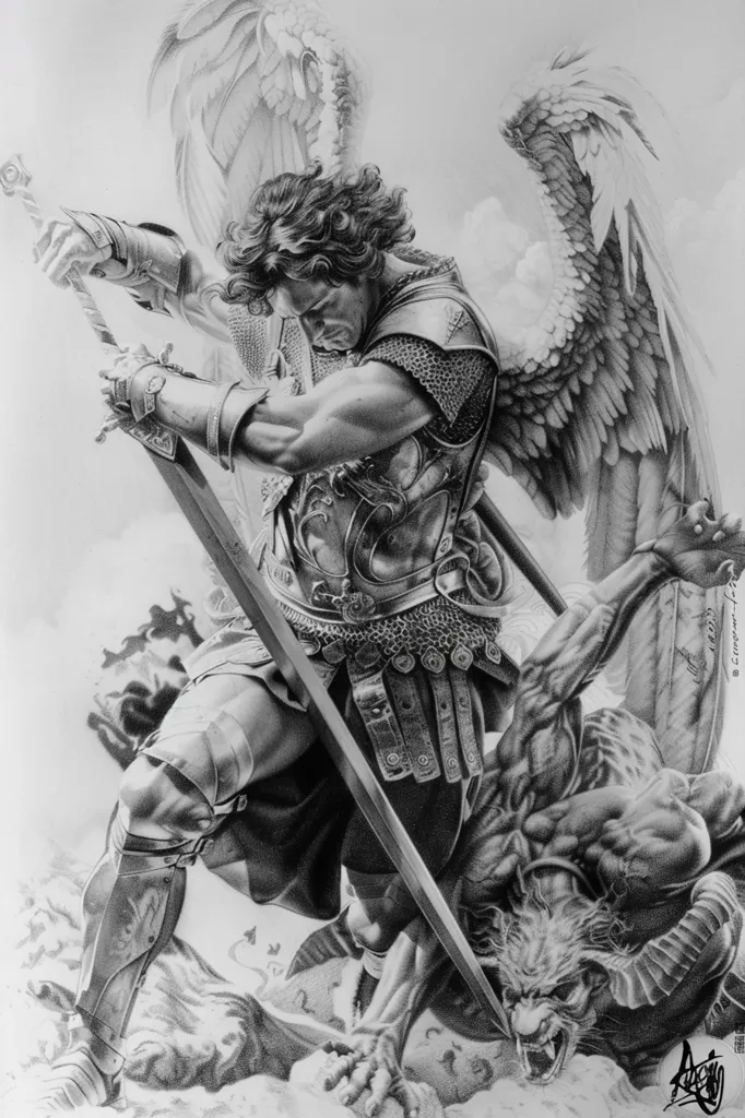 A black and white drawing of a winged angel, clad in armor, fighting a demonic beast. The angel is holding a sword, poised to strike the beast, which is writhing in pain beneath him. The image is rendered in a realistic style, with detailed shading and intricate lines. The angel's wings are spread wide, giving him a commanding presence. The beast's claws and teeth are bared, showing its aggression. The drawing is filled with drama and tension, capturing the epic struggle between good and evil.