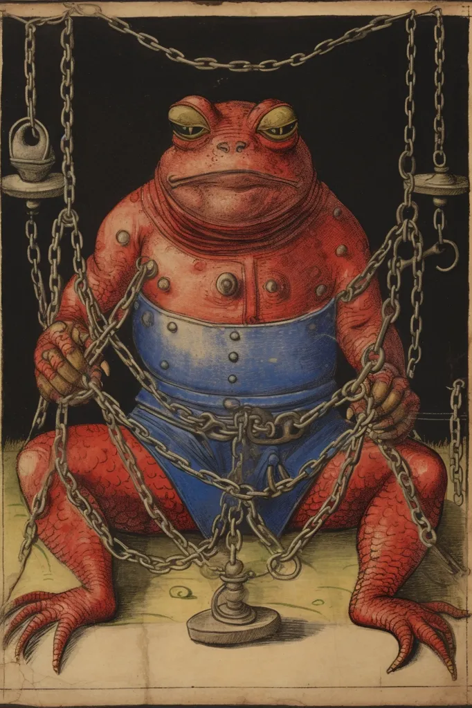 The image depicts a large, red frog-like creature, bound with chains around its body. The creature is wearing a blue and red garment, and is sitting on a green surface. The creature's face has a stern expression, with large, black eyes and a wide mouth. The background of the image is a dark brown color. The chains are linked to heavy metal rings, which are suspended from the top of the image. The chains are thick and worn, and the creature's skin is wrinkled and textured. The overall effect of the image is one of confinement and powerlessness.