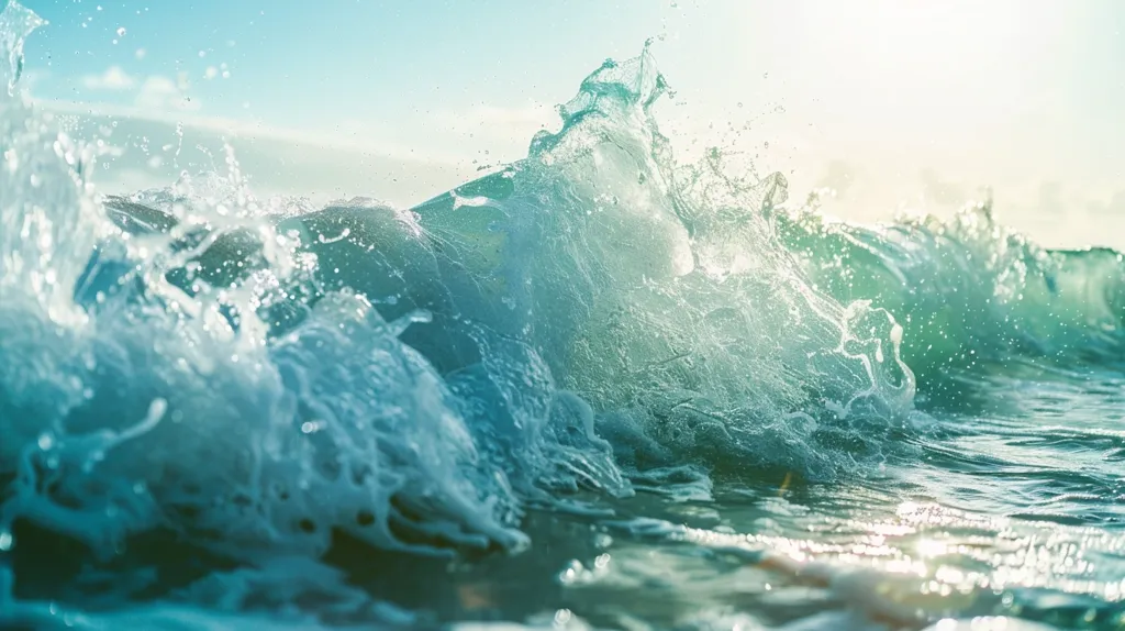 A close-up shot of a wave crashing in the ocean, with the sun shining brightly in the background. The water is a beautiful turquoise blue, and the foam is white and fluffy. The image is captured from a low angle, giving the viewer a sense of being immersed in the water. The overall feeling is one of peace, tranquility, and beauty.