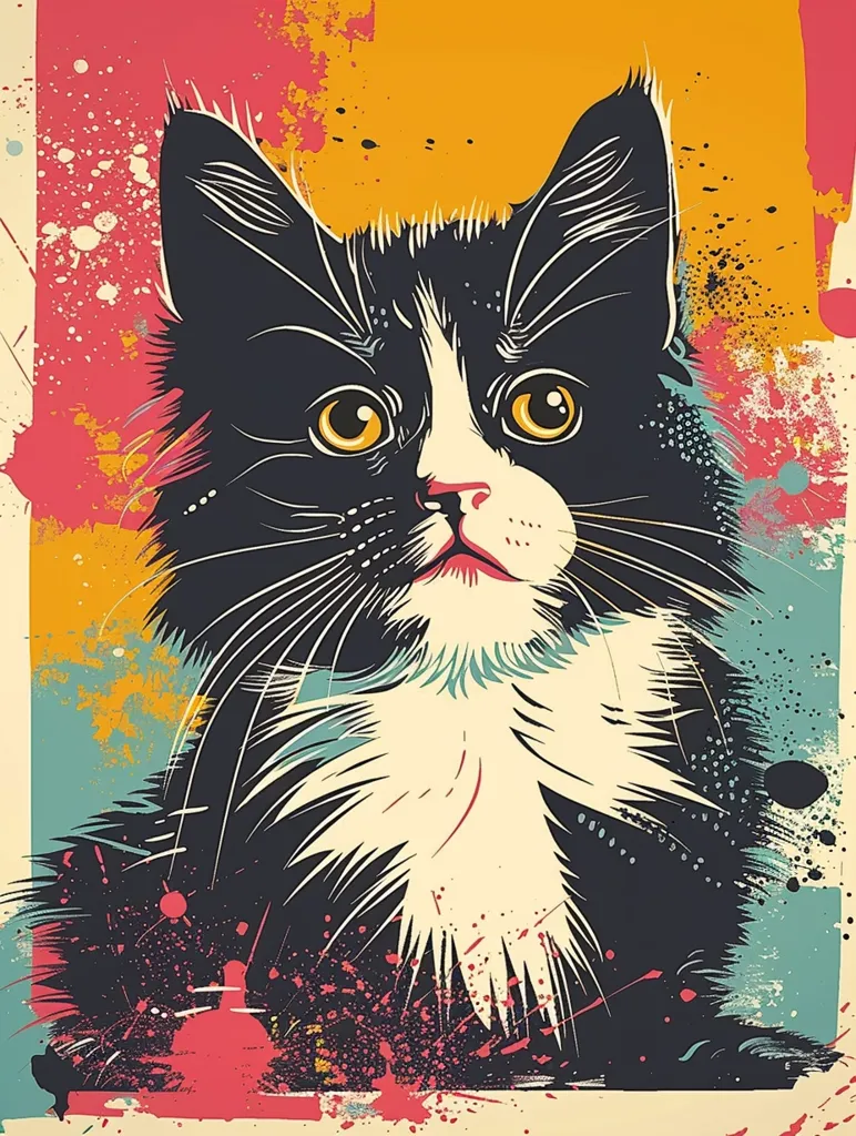 A black and white cat with bright yellow eyes is depicted in a colorful, abstract style. The cat's fur is detailed and fluffy, and its expression is curious and alert. The background is a vibrant mix of splashes of red, orange, yellow, blue, and green paint, creating a sense of movement and energy. The overall effect is bold and playful, capturing the feline's personality in a modern and expressive way.