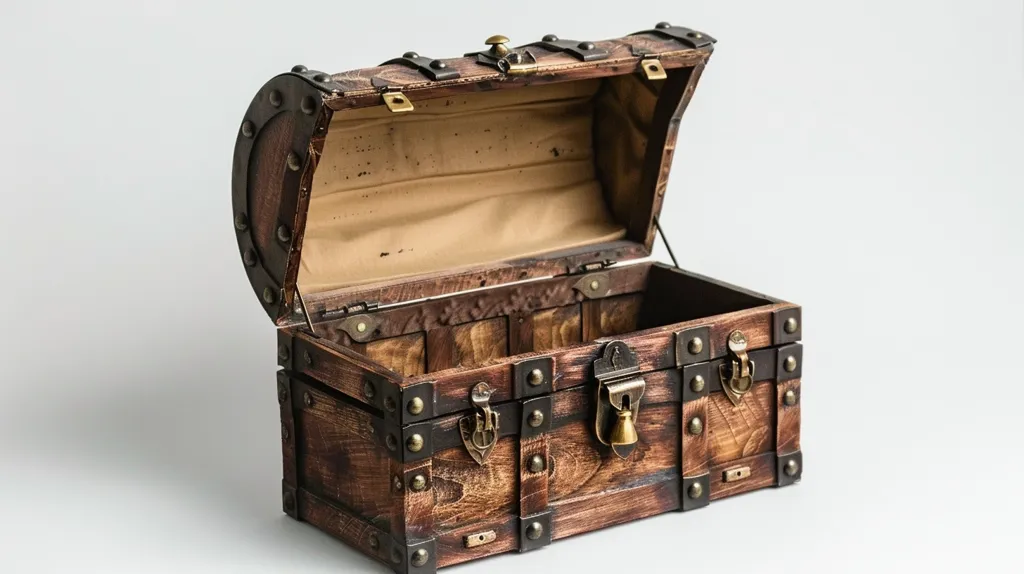 An antique wooden chest with ornate metal accents is open, revealing a plain interior. The chest is crafted from dark wood with a worn patina, and its hinged lid features a brass latch and decorative metal studs. The chest sits against a stark white background, highlighting its aged beauty.
