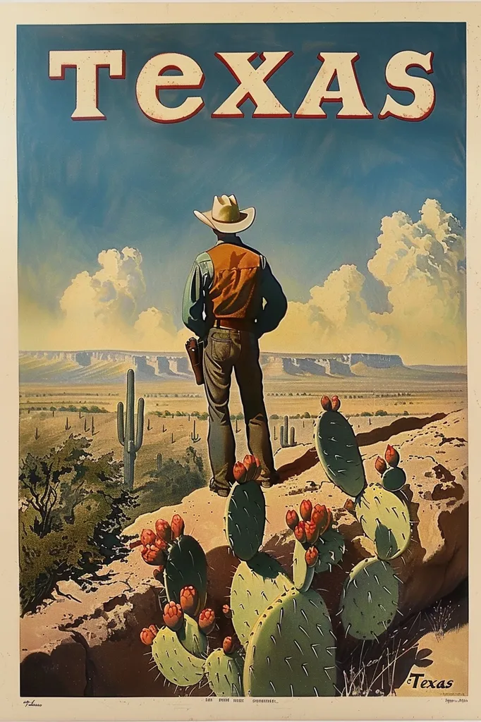 A vintage travel poster for Texas depicts a cowboy in a wide-brimmed hat standing on a rocky outcrop overlooking a vast desert landscape. The cowboy is looking out at the horizon, while the foreground features prickly pear cacti with their bright red fruits. The poster is a colorful and evocative depiction of the American West.