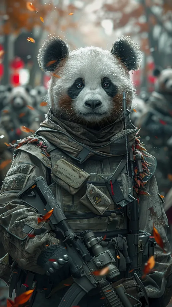 A panda bear, dressed in camouflage gear, holds a rifle in its paws. The panda is wearing a tactical vest, a scarf, and a hat. The image is set in a forest, with falling leaves in the background. The panda appears to be a soldier, ready for action.