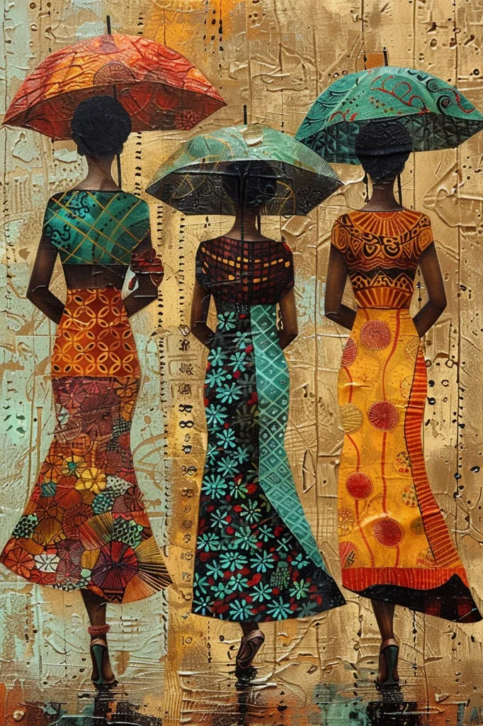 The painting depicts three women in colorful, patterned dresses and stylish hats, walking under umbrellas. The women are dressed in traditional African clothing, their garments adorned with vibrant geometric and floral motifs. The background is a textured abstract design reminiscent of woven fabrics. The painting celebrates the beauty of African culture and its rich artistic traditions.