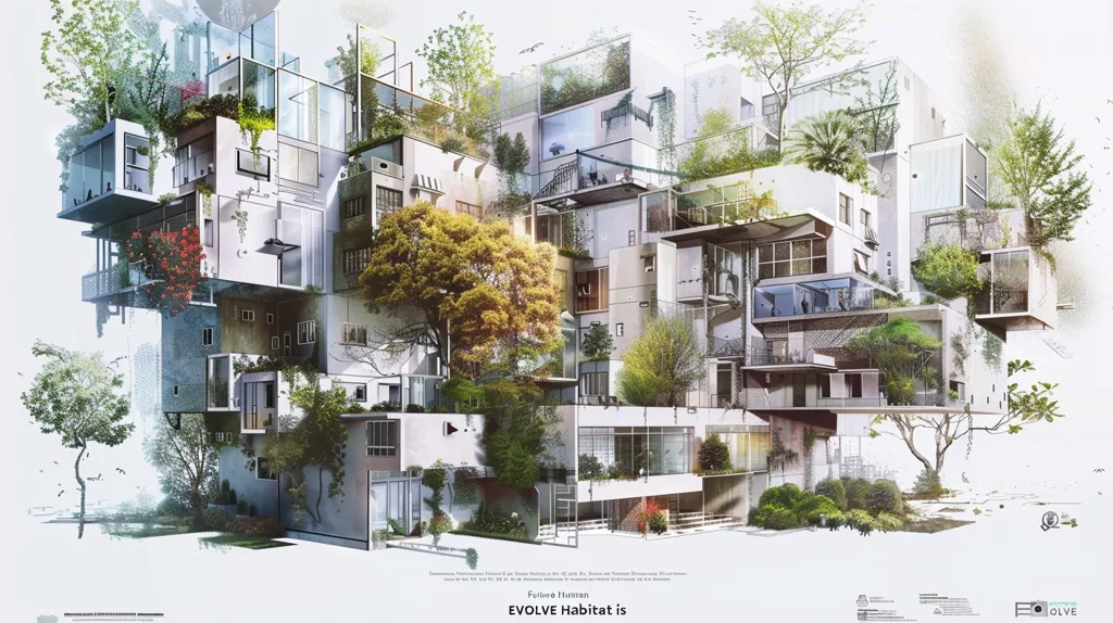 The image depicts a futuristic city skyline.  Buildings are stacked on top of each other in a seemingly impossible way.  Trees and greenery are integrated into the architecture, growing out of windows and rooftops. The overall impression is of a city that has evolved to be more sustainable and in harmony with nature.