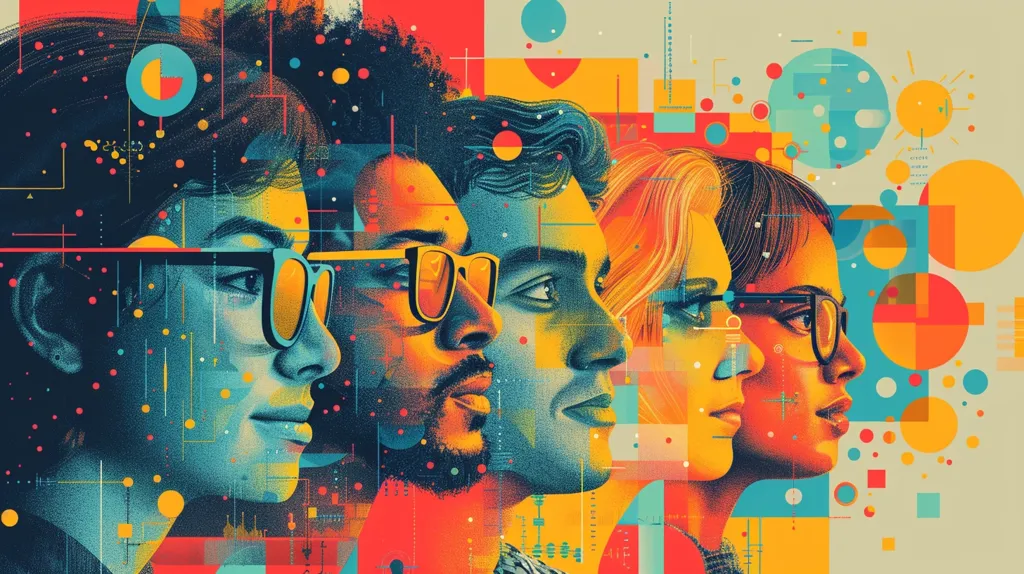 The image is a colorful and abstract illustration of four people's faces, with their profiles facing right. They are surrounded by geometric shapes, lines, and dots. The image evokes a sense of modern and digital art, capturing the essence of interconnectedness and individuality. Bold colors, particularly orange, yellow, blue, and green, dominate the composition. The use of contrasting textures and patterns adds depth and complexity. The overall style is energetic and playful, suggesting the dynamism of contemporary society.