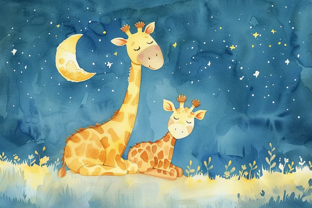 Two giraffes, a mother and her baby, are sleeping under a crescent moon with a sky full of stars. The mother giraffe is laying down with her eyes closed, and the baby giraffe is laying down with its head resting on its mother’s back. They are surrounded by a field of flowers and grasses. The image is painted in a watercolor style, with soft, muted colors. The scene is peaceful and serene, evoking a sense of calmness and tranquility.