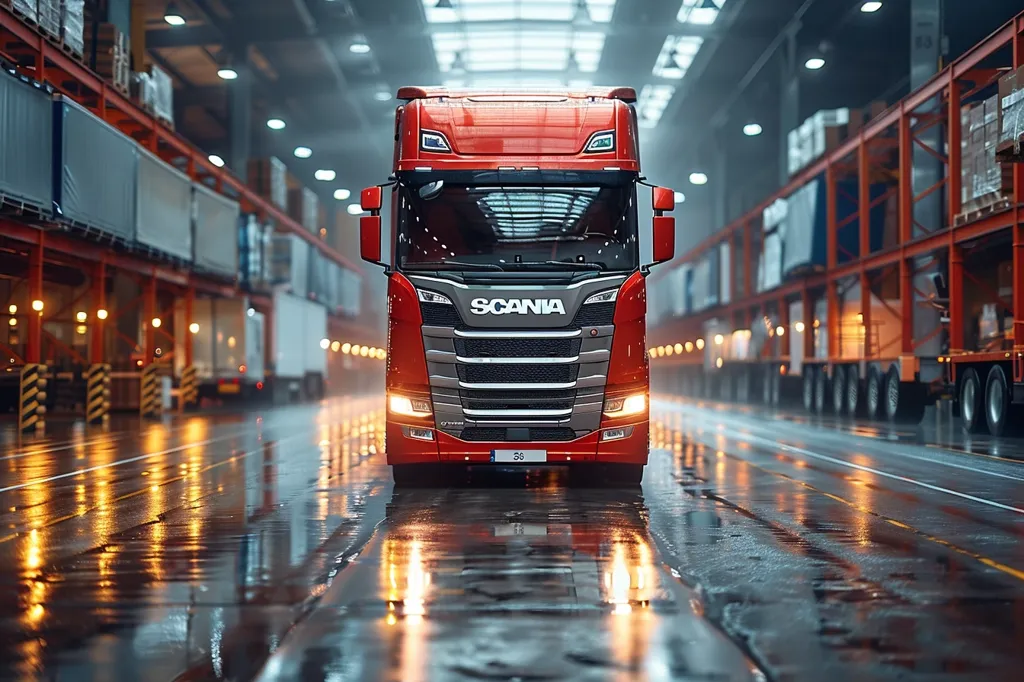 A red Scania semi-trailer truck is parked in a wet warehouse setting. The truck is facing the camera, and the warehouse is visible in the background, with stacked containers and an overhead lighting system. The wet floor reflects the headlights and surrounding lights, creating a sense of stillness and isolation.