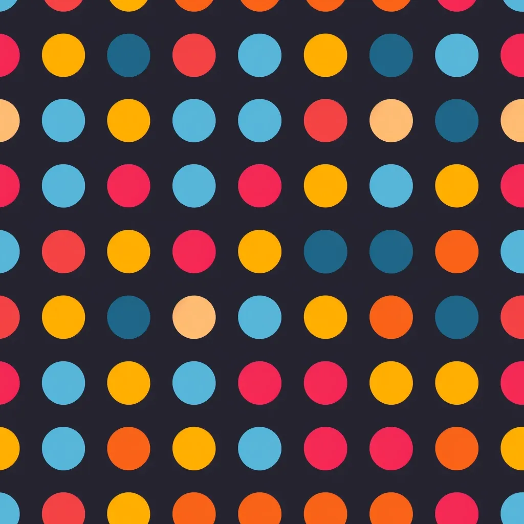 The image is a repeating pattern of colorful polka dots on a dark background. The dots are arranged in a grid-like formation, with each row and column alternating colors. The colors are vibrant and playful, including blue, yellow, orange, red, and peach. The pattern is simple but effective, creating a cheerful and energetic visual.
