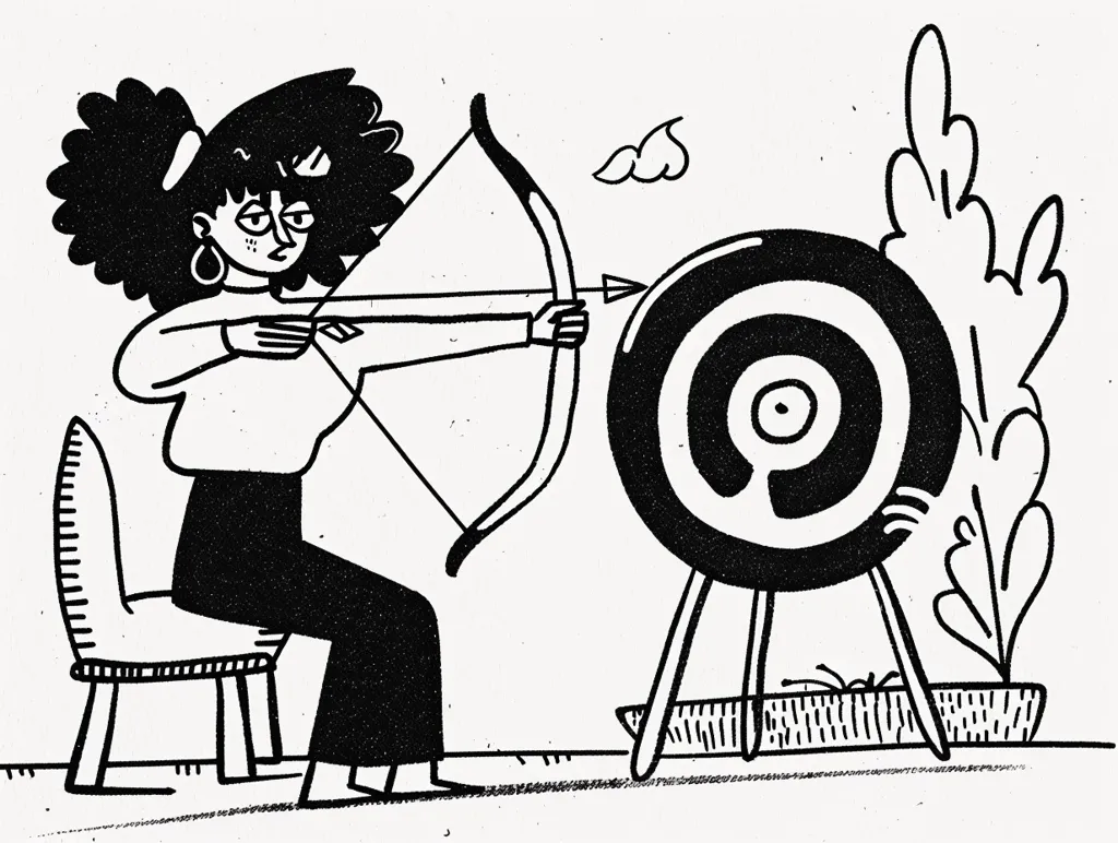 The image depicts a woman with large curly hair, holding a bow and arrow, aiming at a target in front of her. She is sitting on a chair with her legs crossed. The target is set up on a tripod and is surrounded by leafy plants. A cloud appears in the background. The image uses simple linework and black and white coloring. It has a cartoonish and whimsical style.  The image could symbolize focus, determination, or achieving a goal.