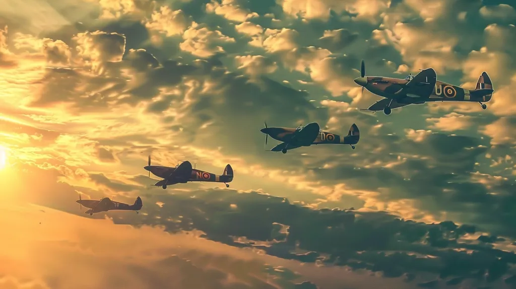 Four vintage fighter planes fly in formation against a backdrop of golden sunset clouds.  The planes are silhouetted against the bright sky, their wings catching the light.  The scene evokes a sense of nostalgia and the bravery of wartime pilots.