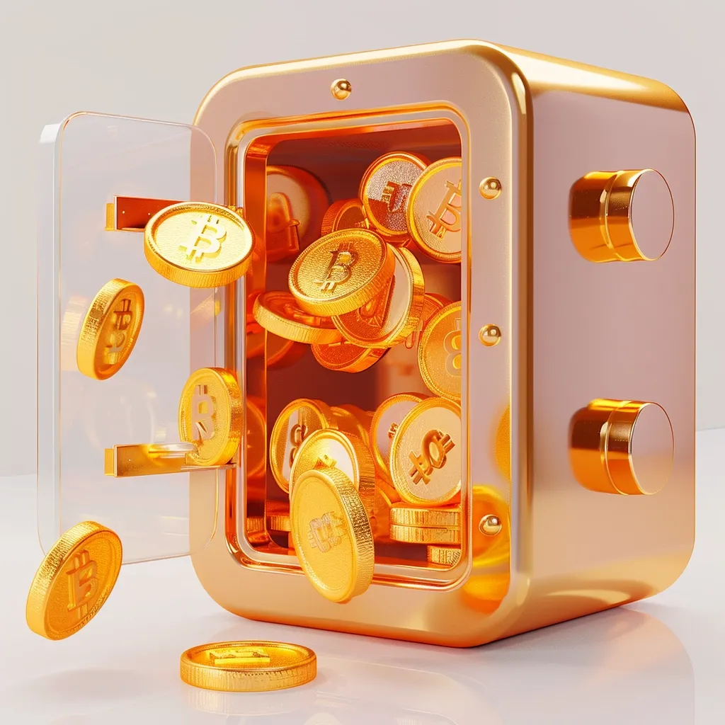 A golden safe with its door slightly ajar reveals a treasure trove of gold coins. The coins, imprinted with the Bitcoin symbol, spill out of the safe, scattering across a pristine white surface. The image evokes a sense of wealth and security, suggesting the safe's contents are valuable and well-protected. The golden glow of the safe and coins creates a luxurious and captivating scene.
