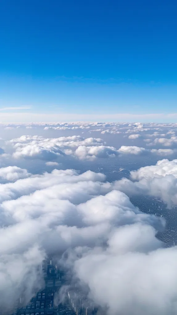 A view from above the clouds. The sky is a clear blue and the clouds are fluffy and white. The sun is shining brightly and there is a slight haze in the distance. The city below is barely visible through the clouds. The scene is peaceful and serene, offering a glimpse of the vastness of the world.