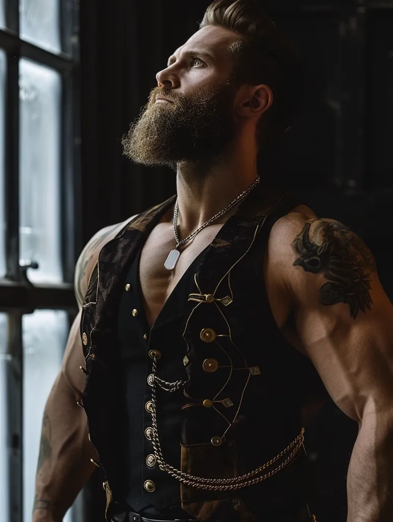 A muscular man with a thick beard and a stylishly dressed in a black waistcoat adorned with gold buttons and chains, looks up at the viewer with a contemplative expression. He wears a silver necklace with a pendant, and the background is a dimly lit space. His tattoos and the intricate details of his clothing add to a sense of masculinity and individuality. The overall mood is one of strength and self-assurance.