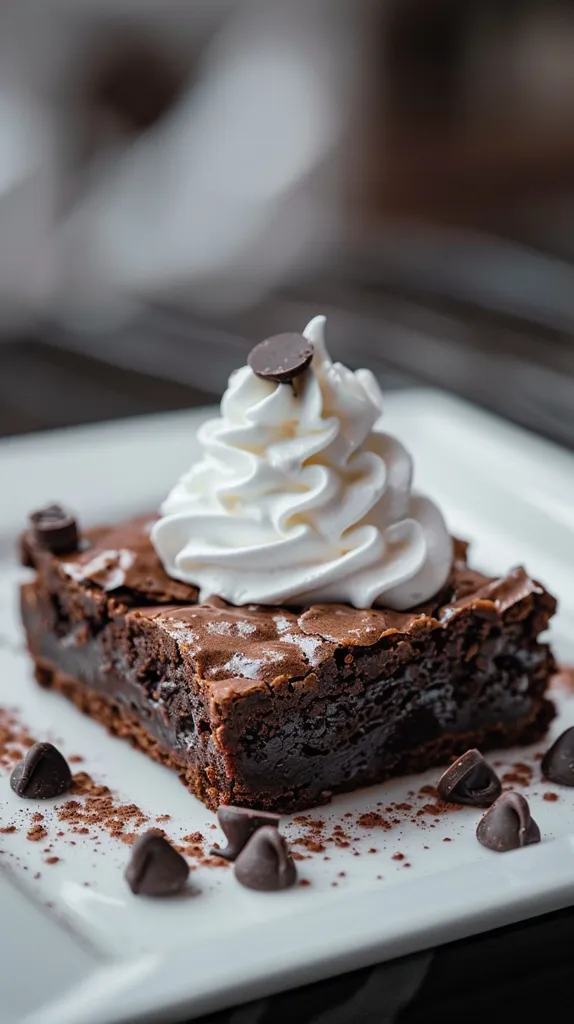 A close-up shot of a chocolate brownie topped with whipped cream and a chocolate chip. The brownie sits on a white plate with a light dusting of cocoa powder and scattered chocolate chips. The background is blurred, emphasizing the brownie. The image captures a decadent and sweet dessert.