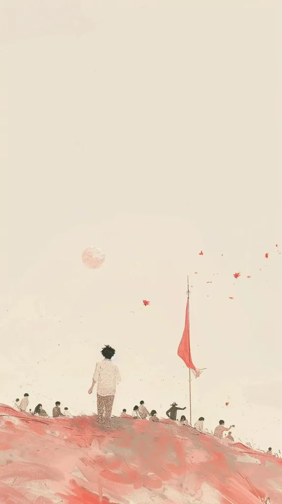 A man stands in the foreground of a minimal illustration, facing away from the viewer. A red flag stands tall in the distance, with a group of figures gathered below. Scattered red shapes appear in the sky, resembling falling leaves. The background is a soft, muted beige. The image evokes a sense of simplicity, isolation, and contemplation.