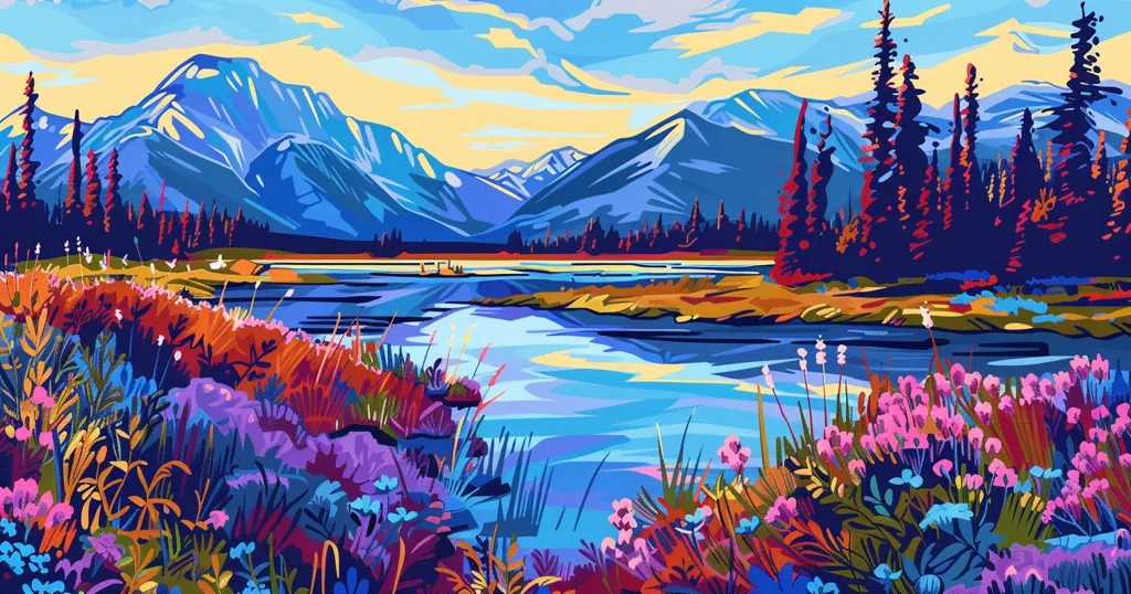 The painting depicts a tranquil mountain landscape with a river winding through a vibrant meadow. Tall, dark trees stand on the riverbank, while snow-capped mountains rise majestically in the background. The meadow is a tapestry of colorful wildflowers, adding a touch of vibrancy to the serene scene. The artist uses bold strokes and vivid colors to create a visually captivating and emotionally evocative artwork.