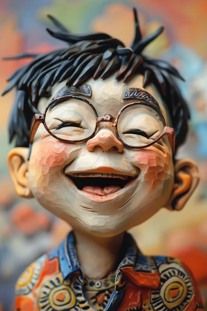 The image shows a wooden sculpture of a boy with black hair, wearing round glasses and a brightly colored shirt. His eyes are closed, and he is smiling widely, revealing his teeth and tongue. His face is carved with exaggerated features, giving him a comical expression. The sculpture's craftsmanship is detailed, and the paint is vibrant. The boy's carefree laughter and the intricate details of the sculpture create a sense of joy and playfulness.