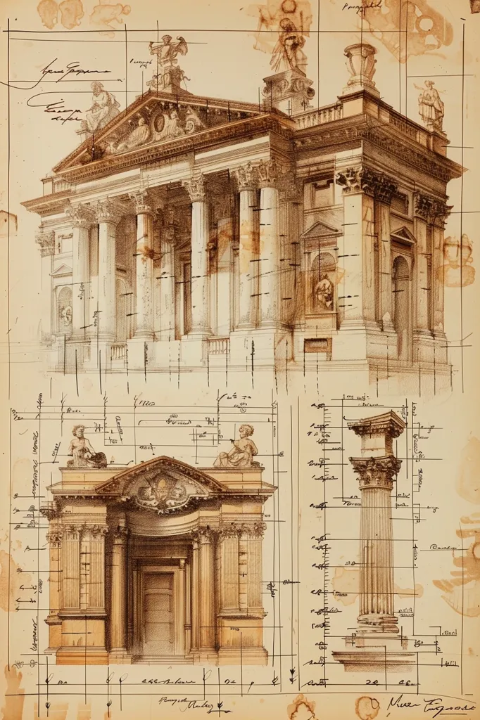 The image shows an architectural drawing of a grand building with intricate details. The top half of the image depicts a detailed perspective view of the building, with columns, arches, and sculptures. The bottom half shows plans and elevations of various components of the building, including a column with a capital and a doorway. The drawings are done in sepia tones, suggesting a vintage aesthetic. The paper is aged and has visible watermarks.  Handwritten notes and measurements add to the authenticity of the image.