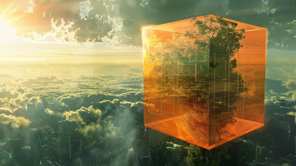 A large, translucent, orange cube hovers above a futuristic city. A tree grows inside the cube, its branches reaching out towards the cloudy sky. The cube appears to be made of glass, reflecting the city and the sky below. The sun shines brightly in the background, casting a warm glow over the scene. The image suggests a sense of wonder and possibility, as if nature and technology have come together to create a new world.