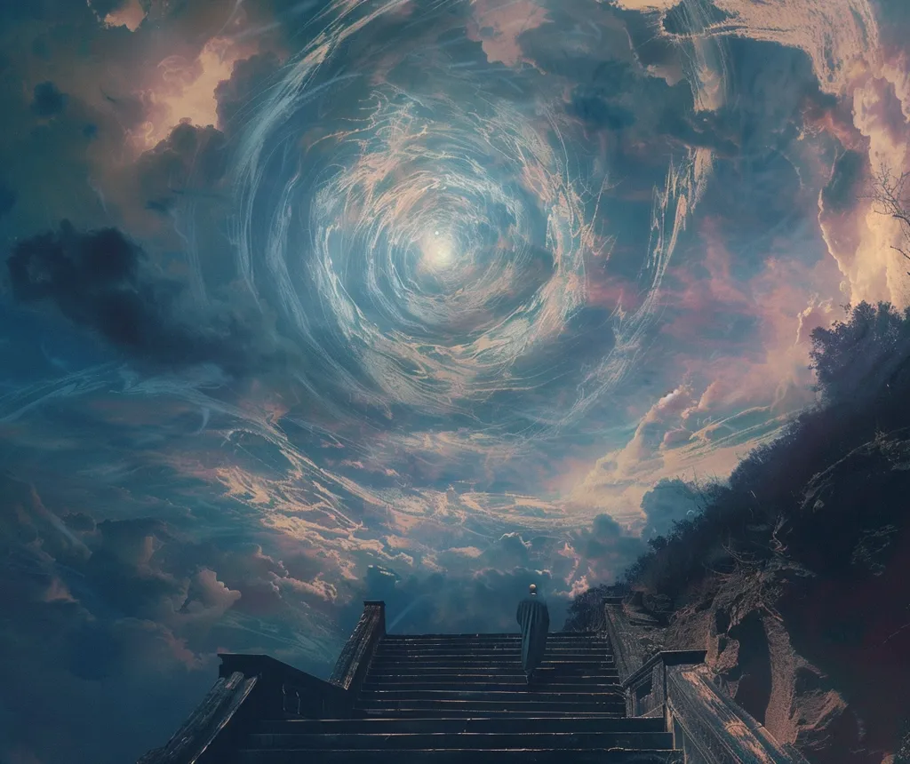 A lone figure stands at the base of a set of stone steps, gazing upwards towards a swirling vortex of clouds in the sky. The clouds are a mixture of blue and white, with hints of pink and purple. The vortex appears to be a portal to another dimension, filled with swirling energy and a bright, white light at its center. The overall mood is one of mystery and wonder.