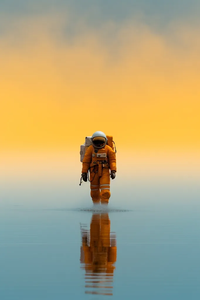 An astronaut in an orange spacesuit walks across a vast, still body of water. The sky is a hazy yellow, and the astronaut's reflection is perfectly mirrored in the water, creating a sense of isolation and mystery.  The image evokes a sense of both wonder and solitude, with the astronaut appearing to be the only living thing in this vast, unknown landscape.