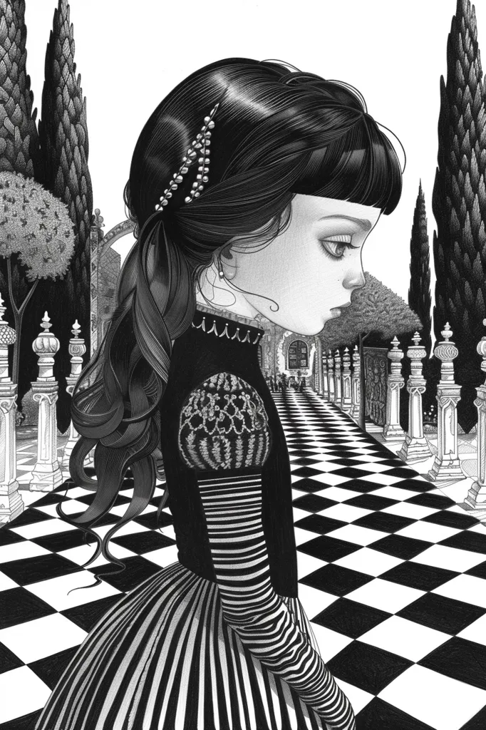 The image is a black and white illustration of a young girl standing in a garden path. The girl is wearing a long, striped dress and her hair is pulled back in a ponytail. She is looking down at the path, which is made of black and white squares. The garden is lined with tall trees and pillars. The girl's expression is solemn.