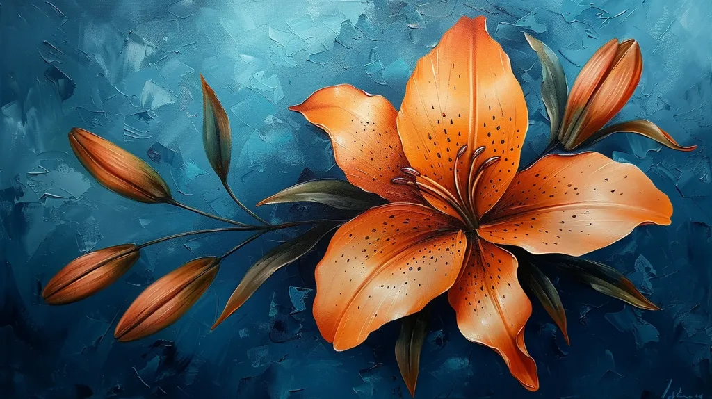 A vibrant orange lily with spotted petals takes center stage against a deep blue textured background. The lily is in full bloom, with its delicate stem and leaves extending towards the viewer. The painting uses bold colors and brushstrokes to create a sense of movement and depth.