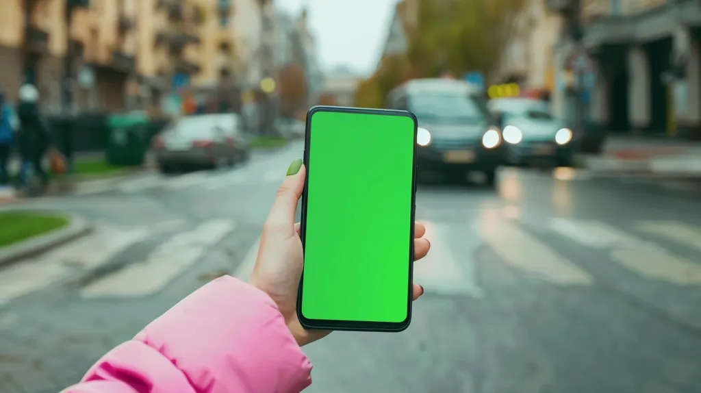 A person is holding a smartphone with a green screen in front of them. The phone is held out in front of them with their left hand. The person is wearing a pink jacket. The background is blurry and shows a street with cars parked on the side and a crosswalk. The photo has a shallow depth of field with the phone being the main focus.
