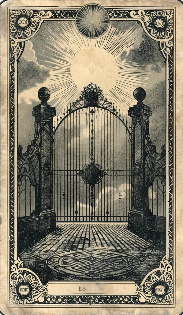 The image depicts a large, ornate gate with two pillars flanking it. It appears to be made of wrought iron. The gate leads to a cobblestone pathway which disappears into the distance. The scene is bathed in a bright light emanating from above, casting a radiant glow over everything. A decorative frame surrounds the picture, which includes ornate designs and the word "ÉS" at the bottom. The image has a distinct vintage aesthetic.