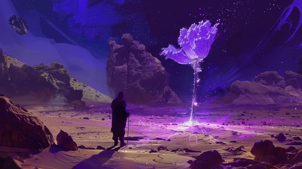 A lone figure stands on a desolate, rocky planet, gazing at a giant, glowing purple flower blooming in the center of the landscape. The flower radiates a soft, purple light, casting a magical glow over the barren terrain. The sky above is a swirling expanse of dark purple and blue, dotted with twinkling stars. The scene evokes a sense of wonder and isolation, as if the figure has stumbled upon a secret, hidden world.