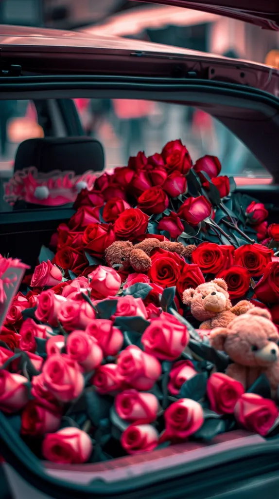 The open trunk of a car is filled with a large bouquet of red roses, with two teddy bears nestled amongst the blooms. The roses are in various stages of bloom, some fully open and others still tightly budded. The car is dark, with the trunk open to reveal the flowers.  The overall feel is romantic and elegant.