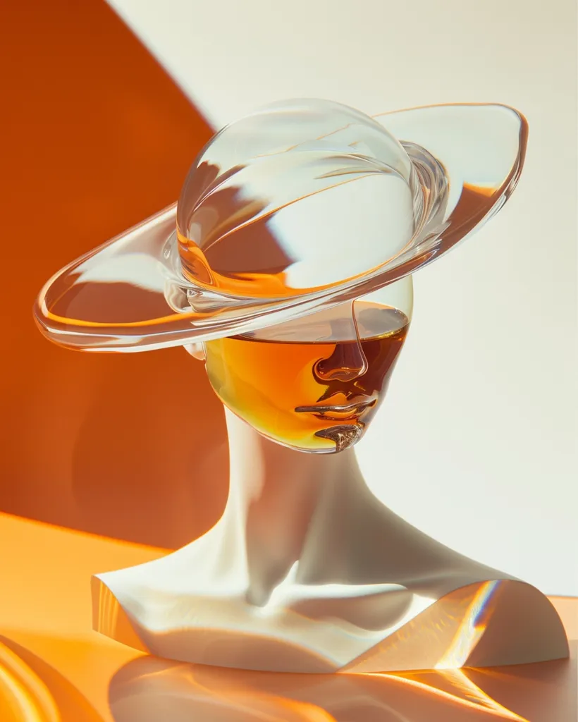 A white mannequin bust with a glass hat that resembles a dome. The hat is filled with a golden liquid, creating a unique and abstract representation of a head. The composition is minimalist, with a focus on the interplay of light and shadow. The background features an orange gradient that adds warmth and vibrancy to the image.