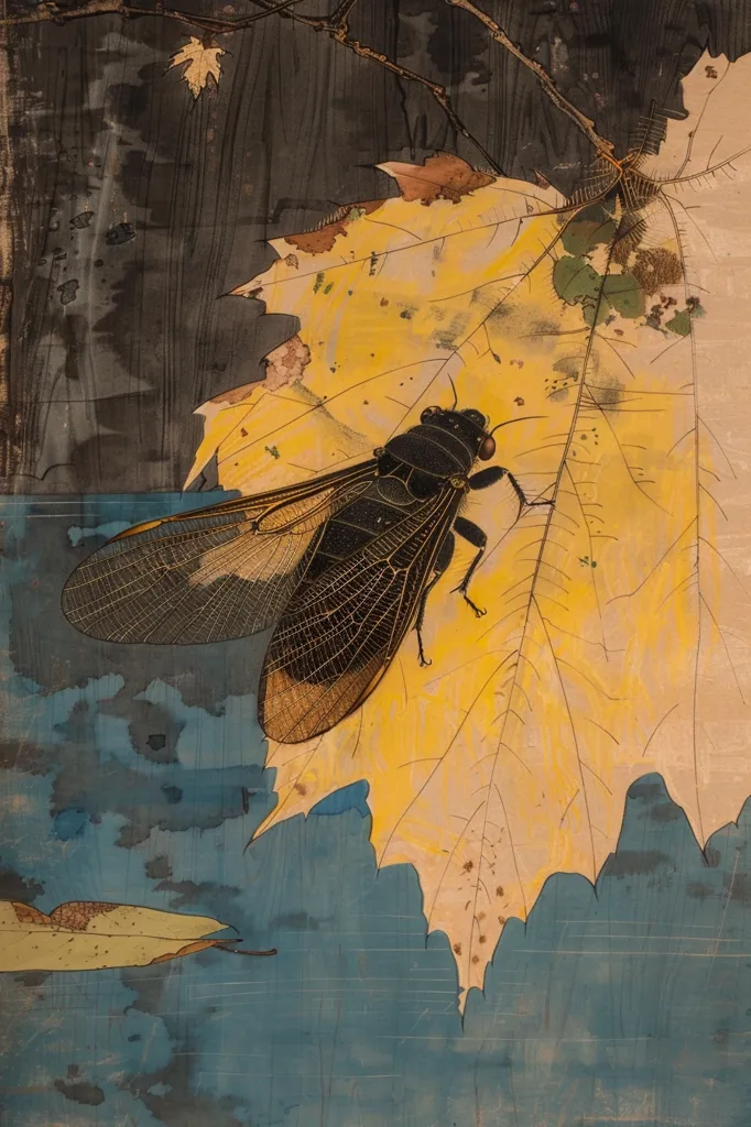 The image shows a detailed illustration of a cicada insect perched on a large yellow leaf, its wings spread wide and its body a dark black. The leaf is textured with veins and has a faded yellow hue, with brown spots on it. The background is a textured dark blue and gray, reminiscent of a wood-grain texture. The overall style is reminiscent of a Japanese woodblock print, with a focus on natural detail.